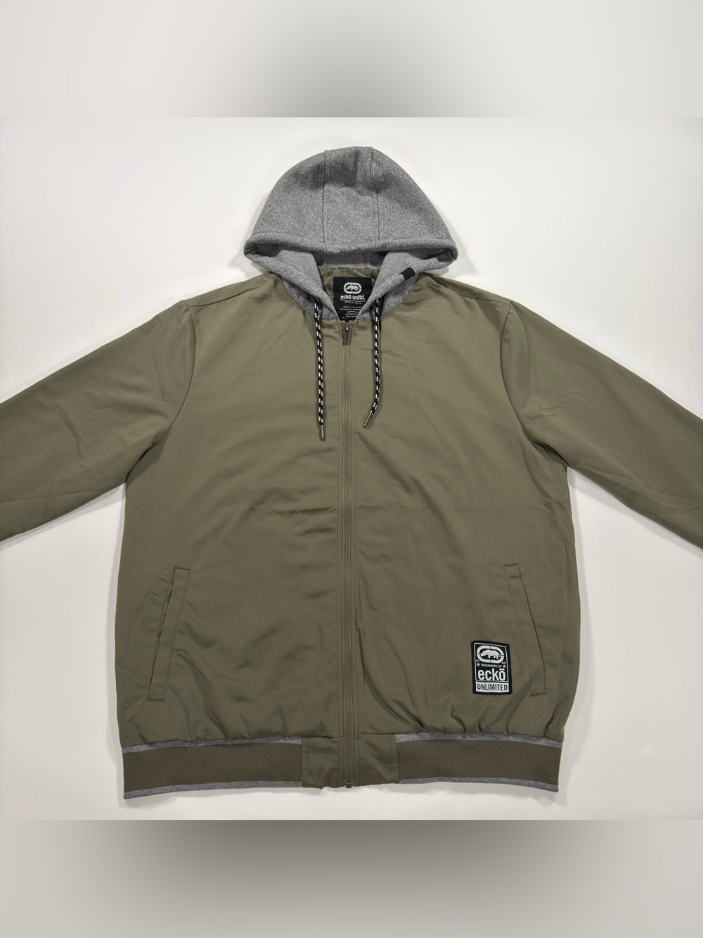 Ecko Unltd Mens Hooded Bomber Jacket Size XL Olive Green Full Zip Windbreaker - Picture 2 of 11